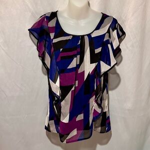 Abstract Geometric Ruffled Women's Top - Blue, Purple, Black Size Large